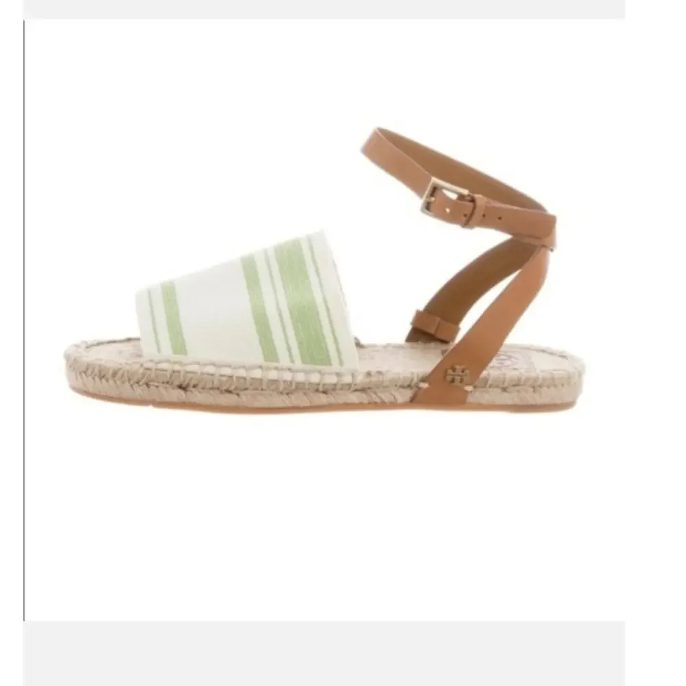 Tory Burch green white canvas summer Espadrille strappy sandals size 7.5